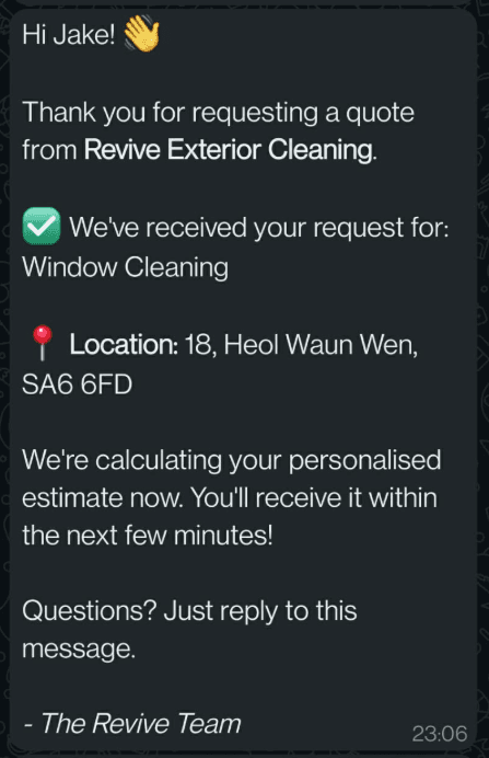Automated WhatsApp follow-up — instant thank you message