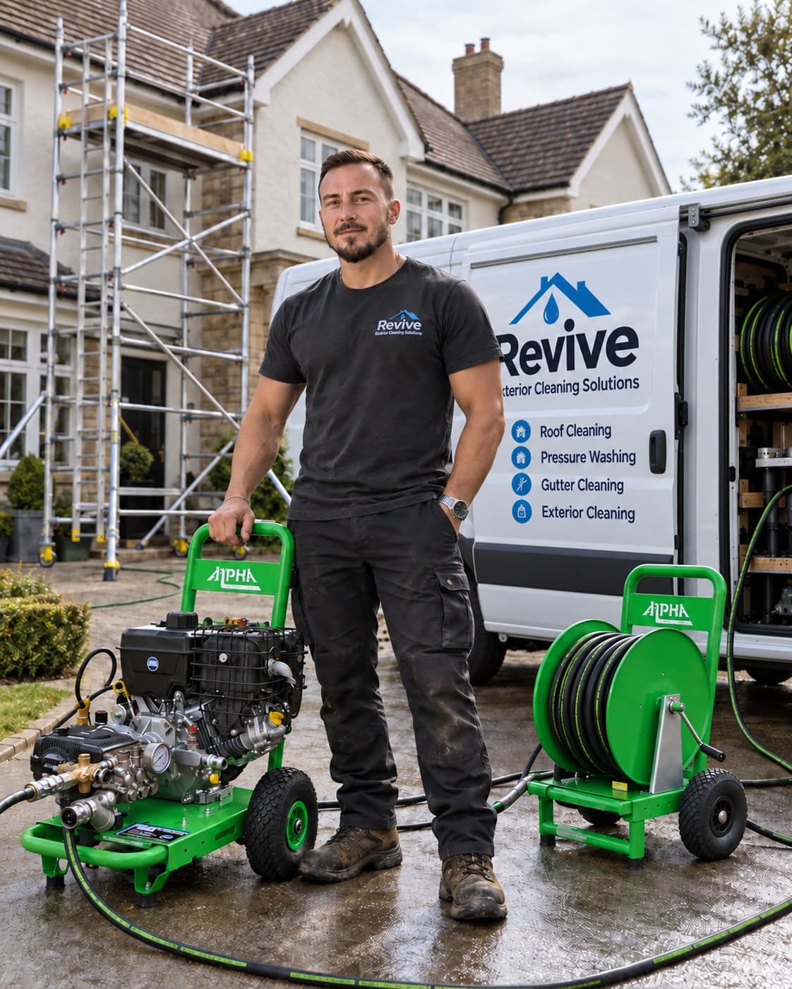 Jake Swain outside a house in Revive workwear, beside the van with the pressure washer and hose reel out