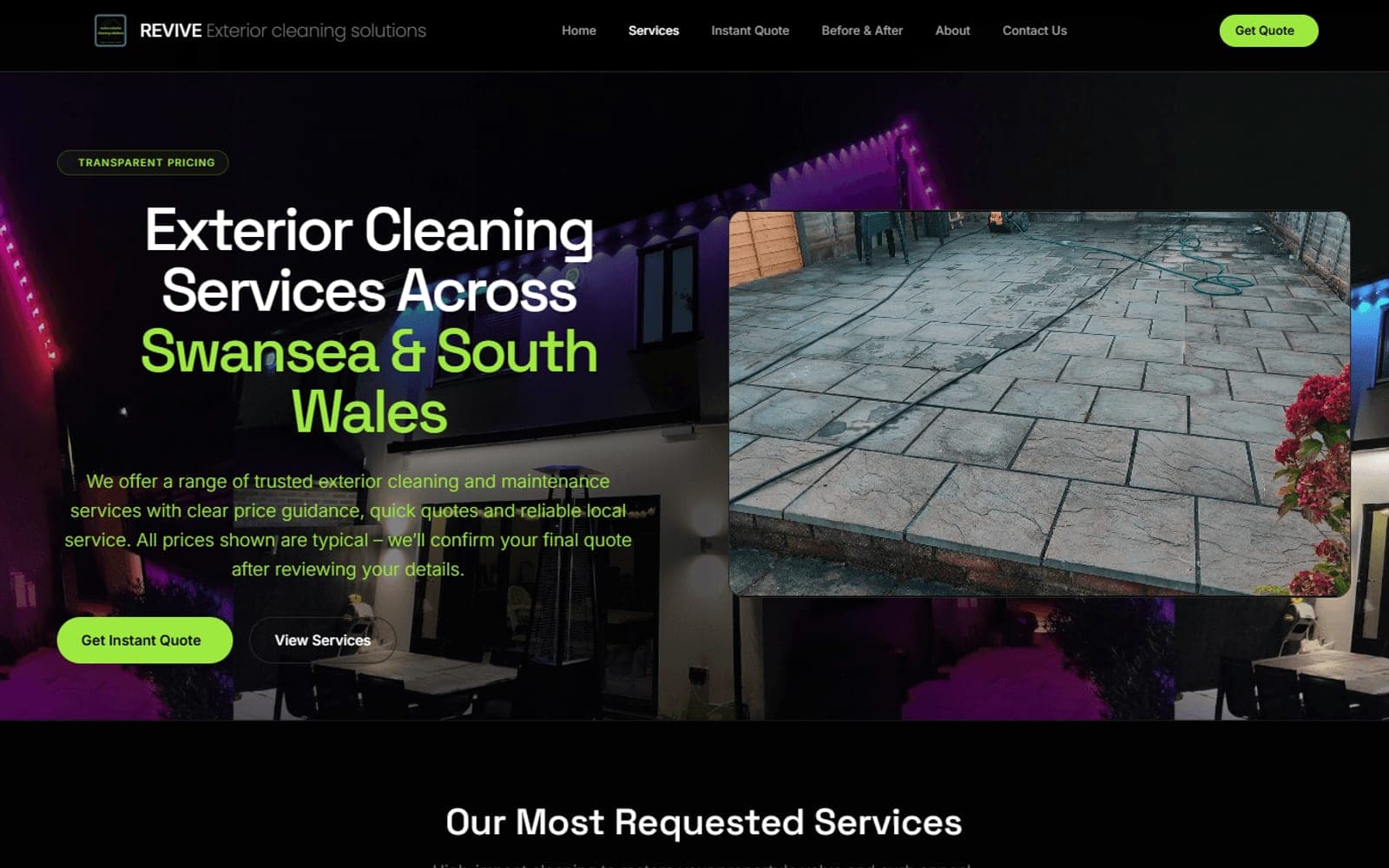 The Revive Exterior Cleaning website, with a quote request above the fold